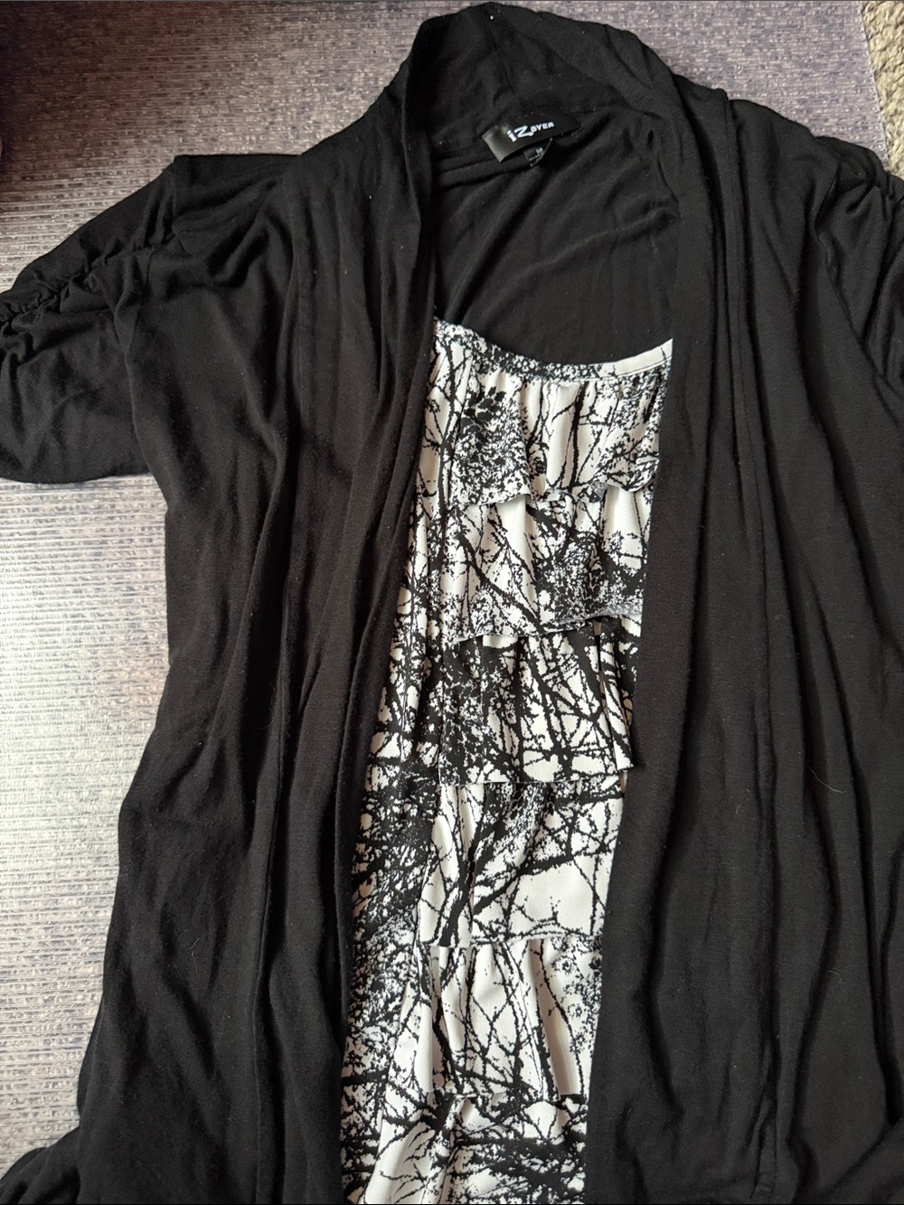 Iz Byer Black Open-Front Layered Cardigan with Black & White Pattern